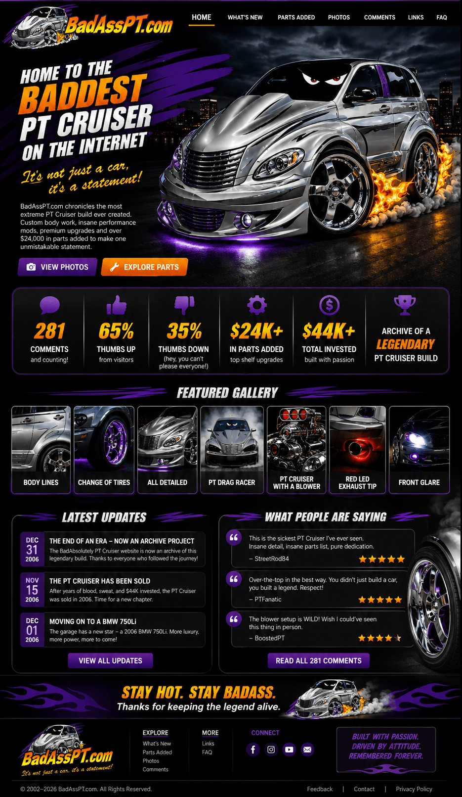 BadAssPT.com - Home to the PT Cruiser on the Internet. The archive of a legendary, extreme PT Cruiser build with custom body work, insane performance mods, and over $24,000 in parts added.